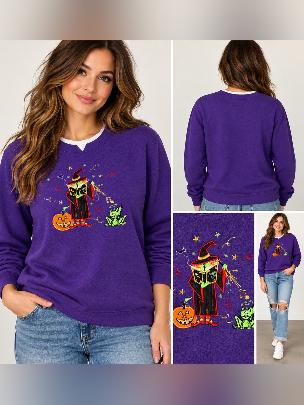 White Stag Y2K Halloween Witch Cat Embroidered Sweatshirt Purple S 4/6